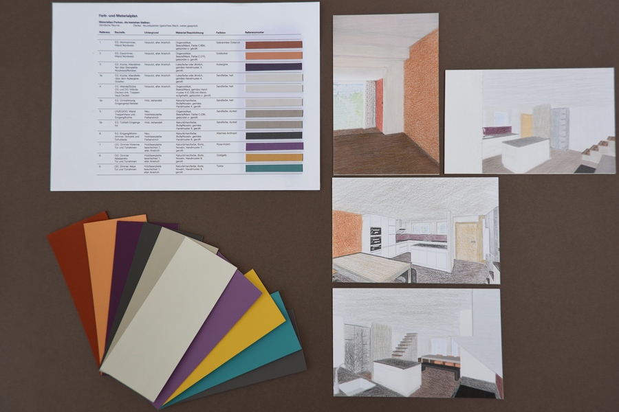  Farbgestaltung Innenraum: Das Bild zeigt die Präsentation des Farbkonzepts für einen renovierten, offenen Wohnraum mit Sitz-, Ess- und Küchenbereich - Farbmuster, Zeichnungen zur Visualisierung und Farbplan für die Umsetzung.