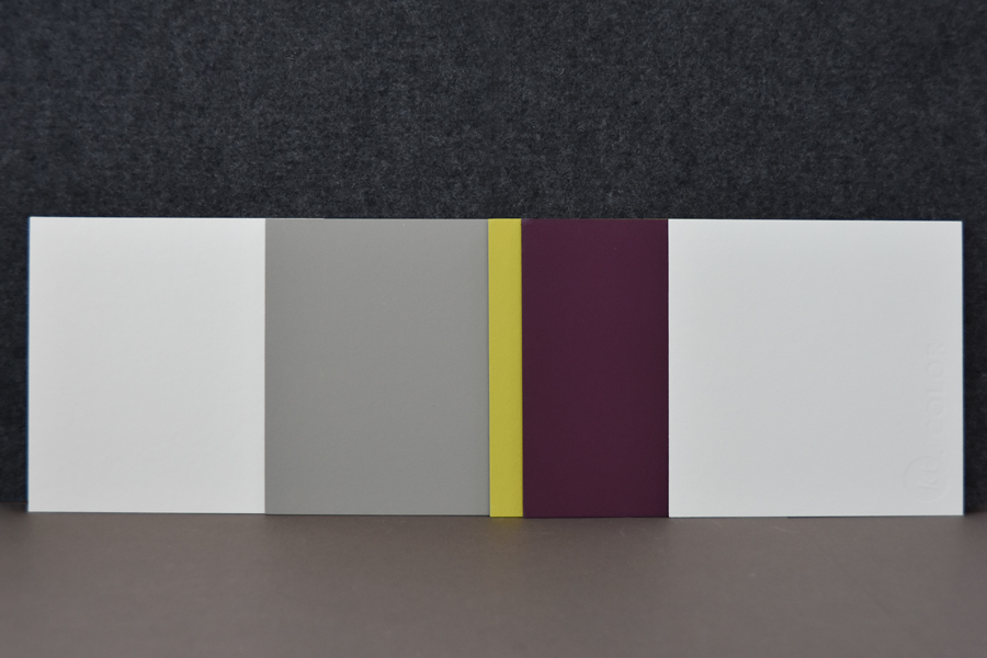 Farbgestaltung Praxisraum: Das Bild zeigt das Farbkonzept für die Gestaltung des Praxisraums mit fünf Farbtönen anahnd von Farbmustern.